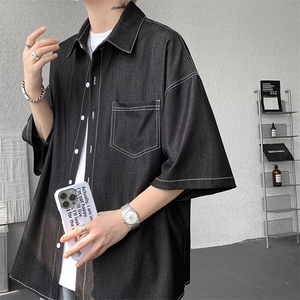 8XL-M 冰丝牛仔短袖衬衫男款夏季薄款宽松慵懒衬衣外套DC28006P60图片