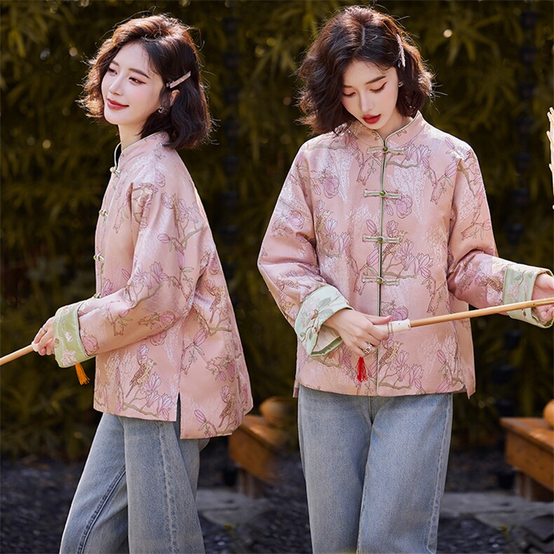 粉色新中式羽绒服女冬新款小个子复古盘扣刺绣白鸭绒外套,女装羽绒服,水衣源