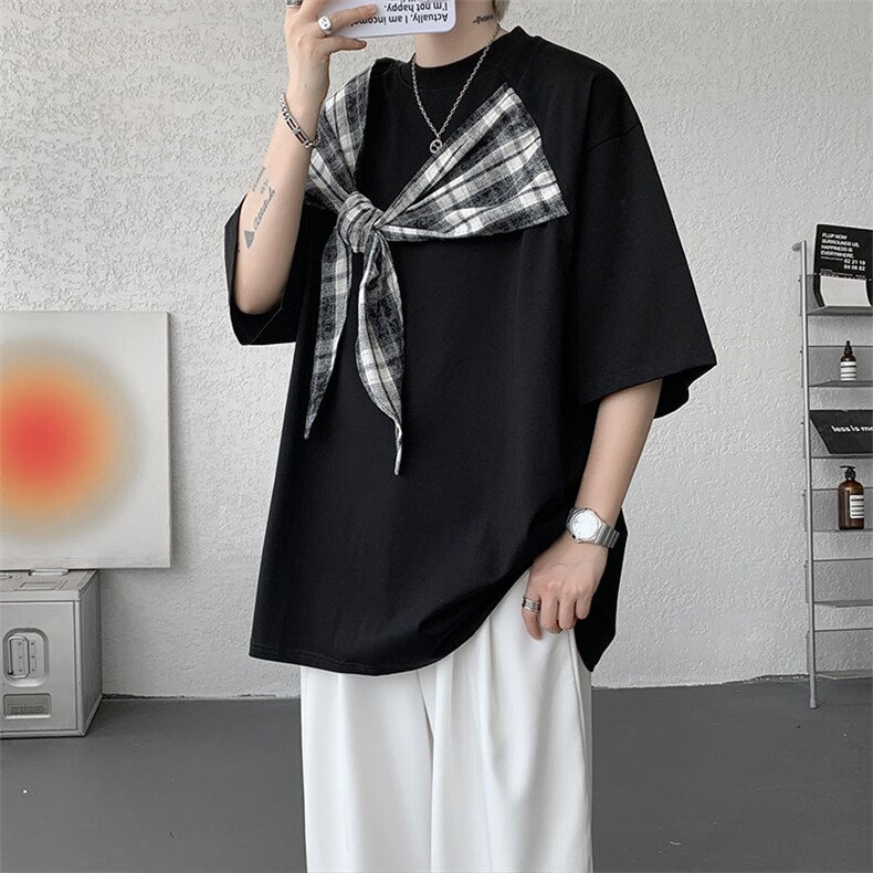 T10128-特批32 控58 曼巴棉大码撞色拼接个性小众T恤短袖潮图片