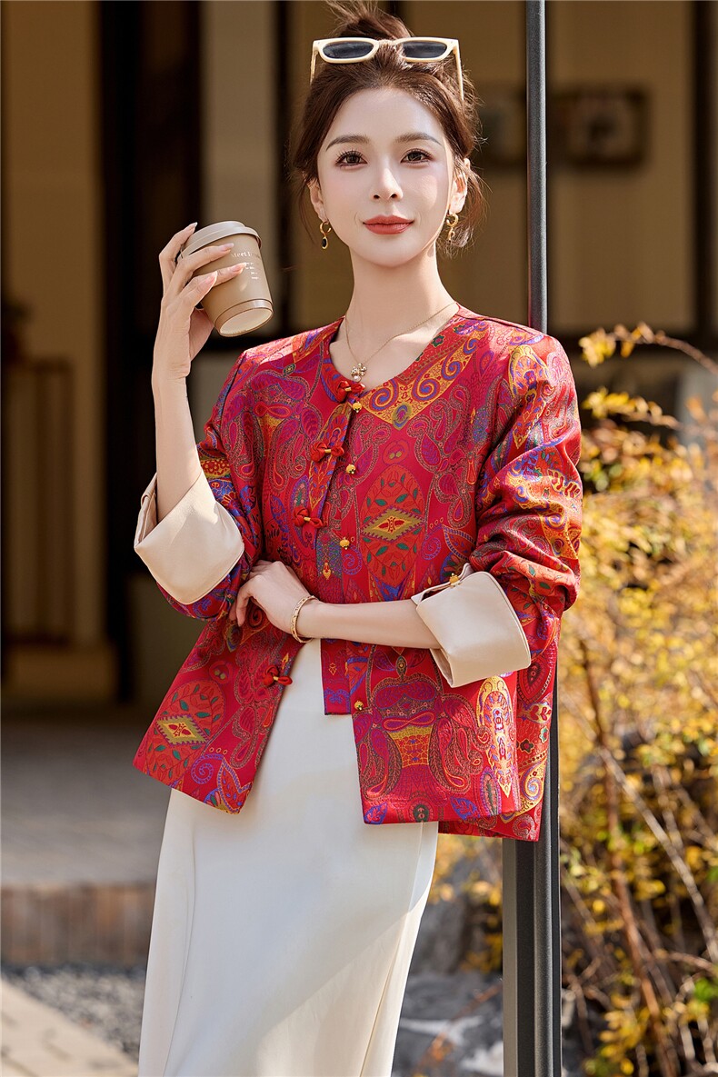 现货新中式宋锦鸿运提花两件套巨好看通勤聚会2026年春季外套,女装短外套,木橙西子