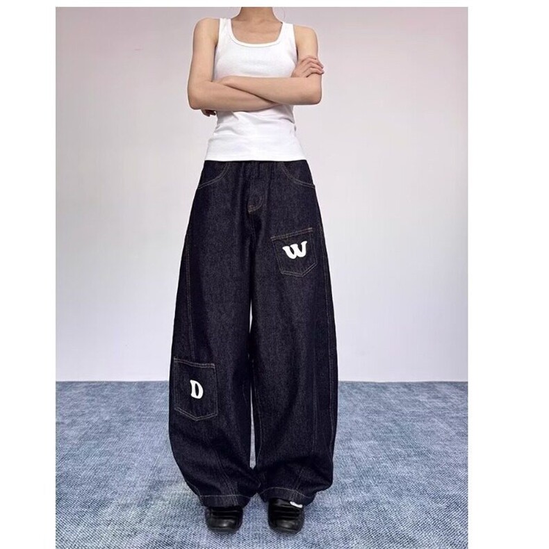 大码美式复古弯刀牛仔裤男女设计感春季新款宽松百搭阔腿垂感裤，女装牛仔裤，星座506A