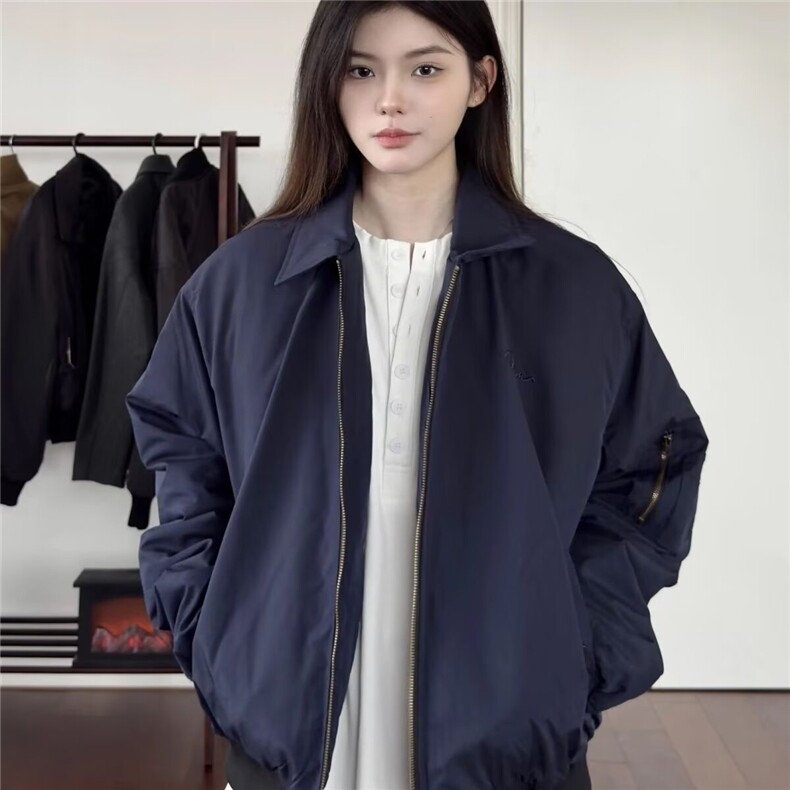 美式复古藏青色飞行夹克外套女潮牌高级感t翻领短款棒球服,男装夹克,星座1210-1