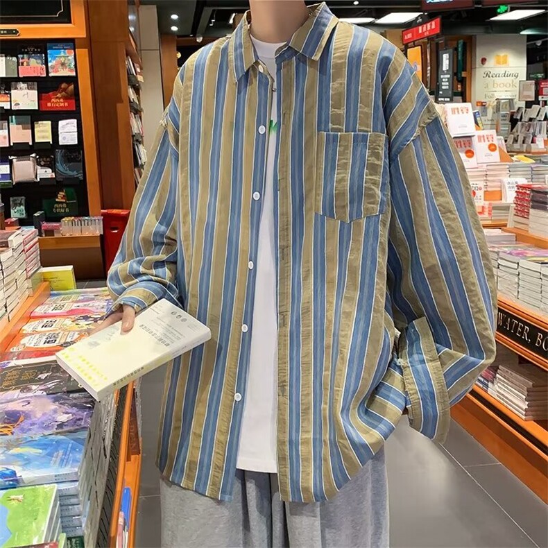 条纹长袖衬衫外套时尚绿色 杏色 M-2XL C91图片