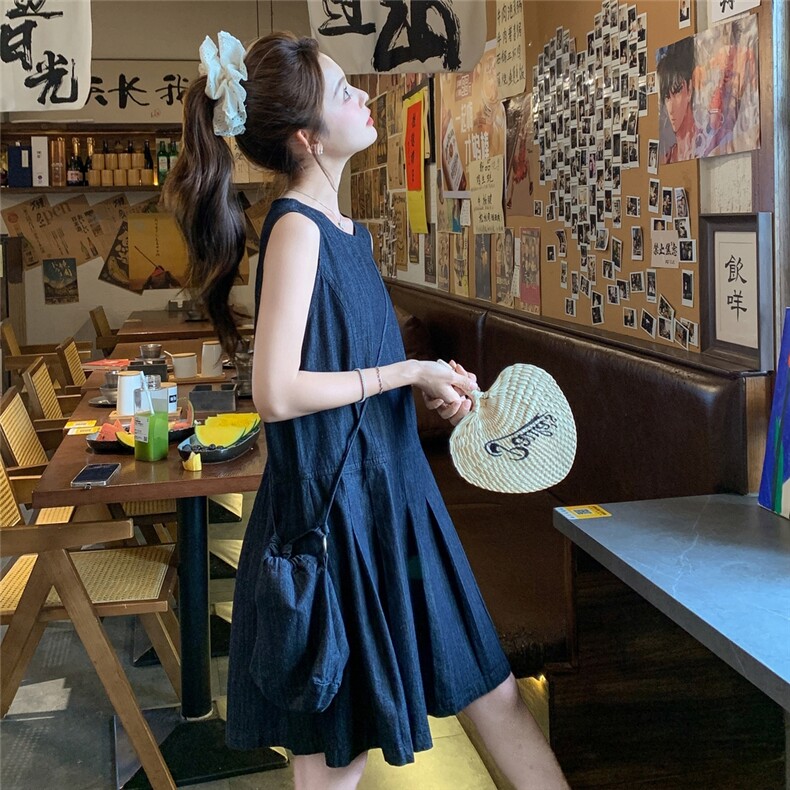 小个子复古无袖薄款牛仔裙夏季新款百褶裙休闲显瘦宽松连衣裙女裙图片