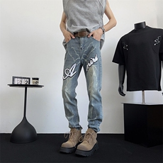 美式做旧贴布闪电纹牛仔裤潮牌修身休闲直筒裤，男装牛仔裤，星座410-6（原星座1304-1）