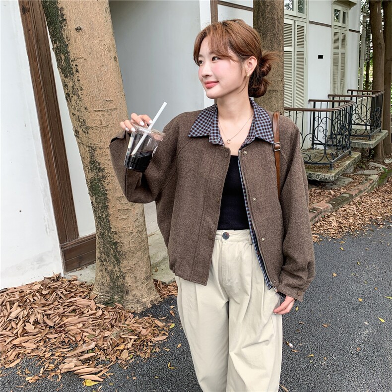 假两件拼接格纹拼接咖色毛呢外套女秋冬2025新款小个子巨好看上衣,女装短外套,2C205
