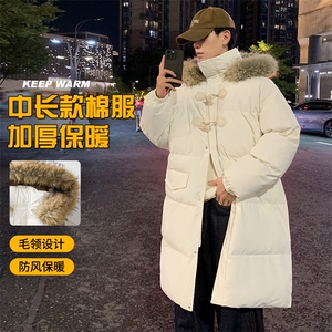 现货中长款棉衣男冬季加厚棉袄宽松连帽毛领棉服外套M107-P120