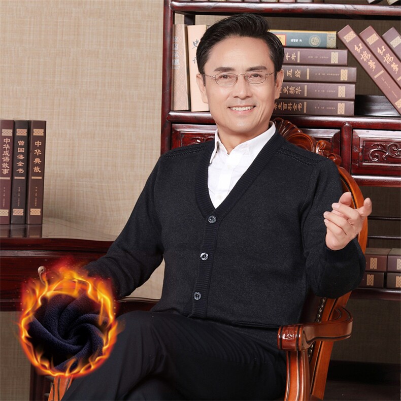 冬季新款男士加绒加厚保暖针织开衫中老年商务休闲爸爸装打底衫,男装针织衫/毛衣,电商B212（原钱塘6029）