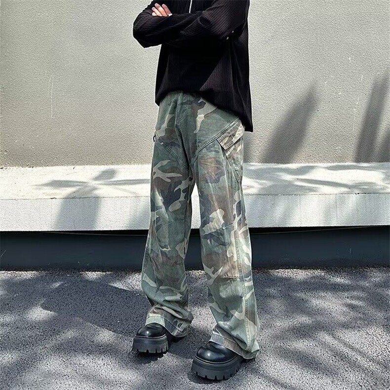 做旧复古迷彩工装裤男秋四季美式潮牌宽松直筒微喇长裤子,男装牛仔裤,星座506A