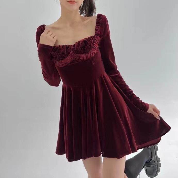 丝绒红色连衣裙，女装连衣裙，HE