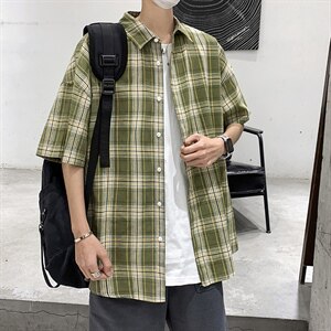 21年夏季短袖衬衫男宽松落肩港风格子衬衫男DS-C407-CS309-P35图片