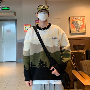 冬款日系拼色提花圆领毛衣男高街潮牌宽松情侣针织衫 M1140-P50图片