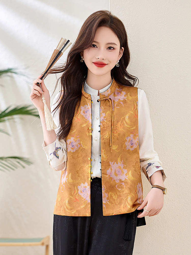 2025早春新中式国风圆领盘扣提花刺绣马甲百搭显瘦上衣马甲,女装马甲,缘衣格