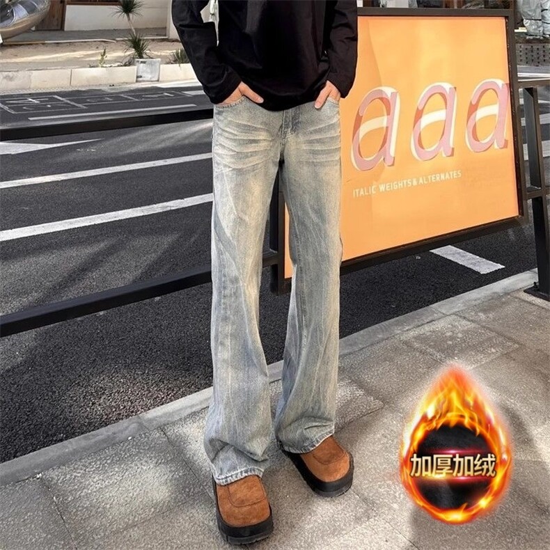 加绒款美式水洗竹节牛仔裤男女潮牌宽松直筒微喇休闲裤ANR603,男装牛仔裤,星座516A