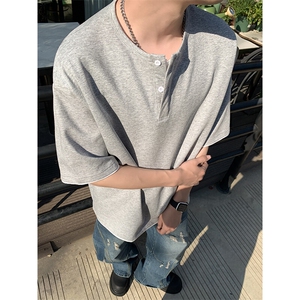 小众设计感假两件圆领短袖T恤男款宽松夏季简约上衣半袖T0113-P48图片