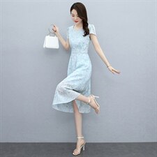 2023夏季新款简约气质优雅时尚腰部系带收腰显瘦雪纺连衣裙，女装连衣裙，牡丹诺