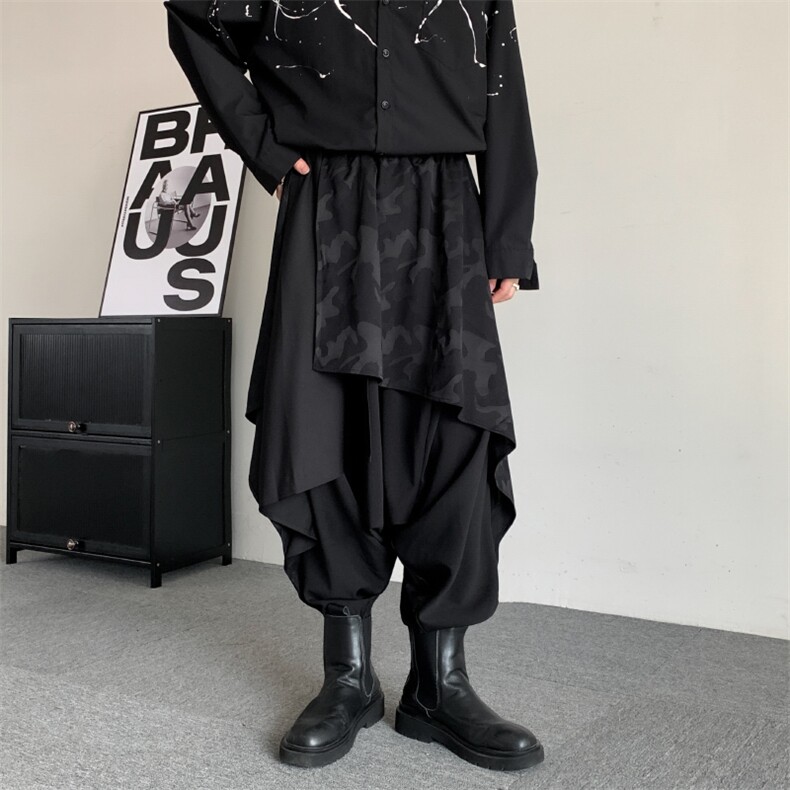 秋季迷彩原创暗黑山本风裙裤阔腿裤男加肥加大码胖子宽松飞鼠裤,男装休闲裤,星座909