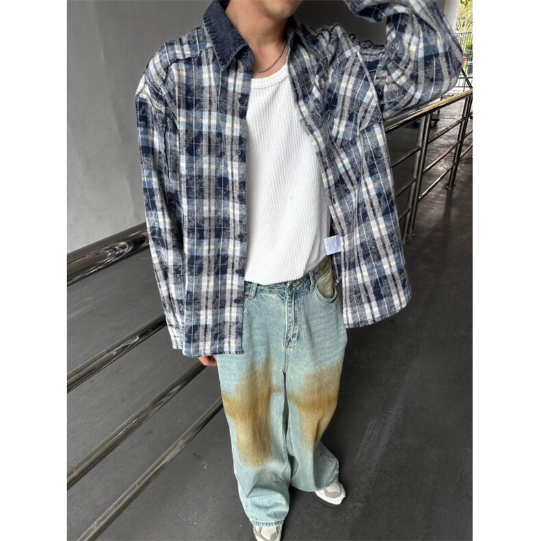 1506/QJ050/P48春夏美式复古格子衬衫男女长袖潮牌宽松百搭潮流,男装衬衫,星座1506