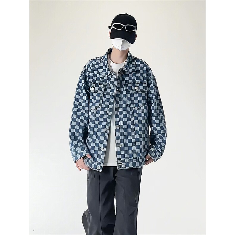 休闲大码宽松棋盘格男女拼色牛仔外套夹克J3736-P57【特价】，男装工装外套，电商A007