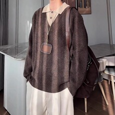 秋冬季翻领毛衣男宽松潮流长袖纯色翻领针织衫，男装针织衫/毛衣，星座506A