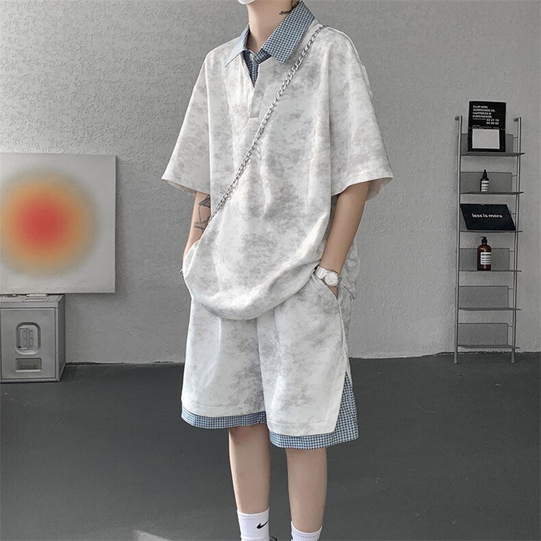 TZ780-特批55控98夏季新款扎染假俩件大码短袖短裤T恤套装,男装休闲套装,电商A059