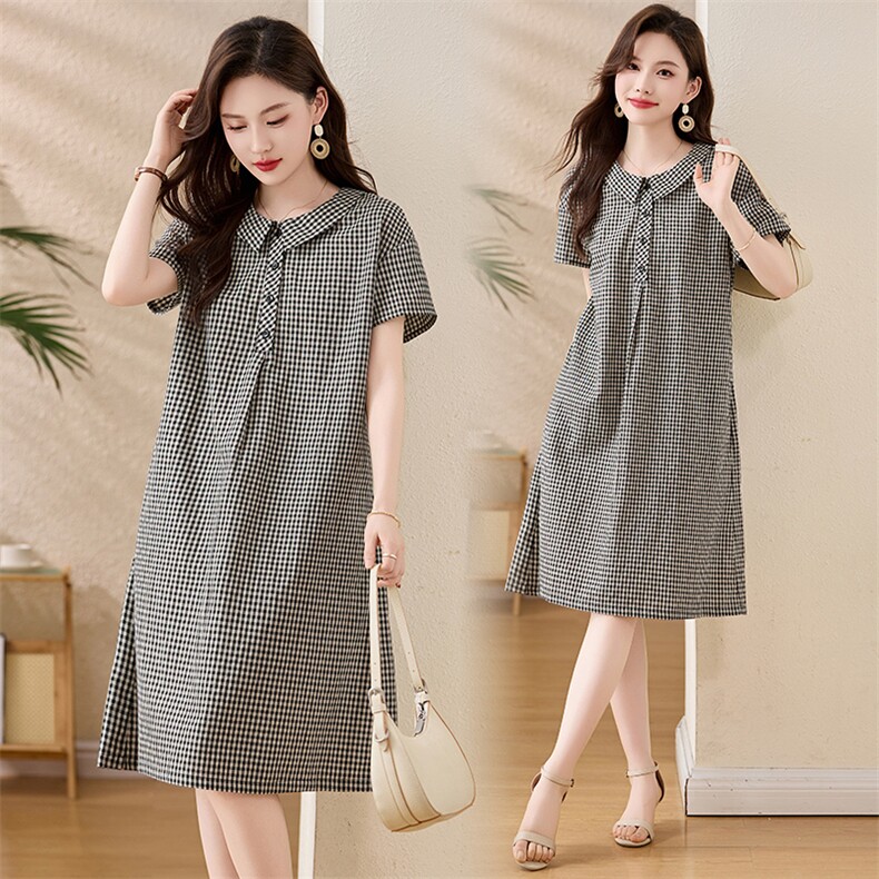 黑白格子棉麻连衣裙女2025夏新款宽松显瘦娃娃领减龄休闲衬衫裙子，女装连衣裙，姿衣坊
