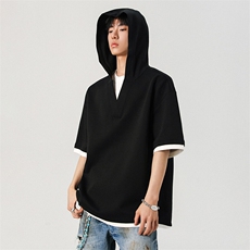抖音品质夏新款休闲运动套装连帽T恤男叠穿两件套225-2-6623-P40，男装T恤，星座225-2
