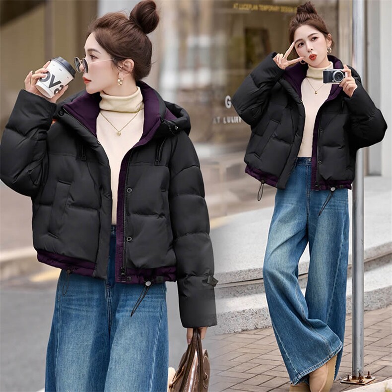 时尚撞色休闲连帽短款羽绒服女冬新款宽松加厚保暖白鸭绒外套,女装羽绒服,韩蔻秀
