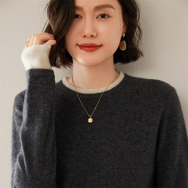 2024新款圆领撞色羊绒衫女亲肤韩版针织毛衣假两件打羊绒底衫女,女装羊绒衫,尚达羊绒