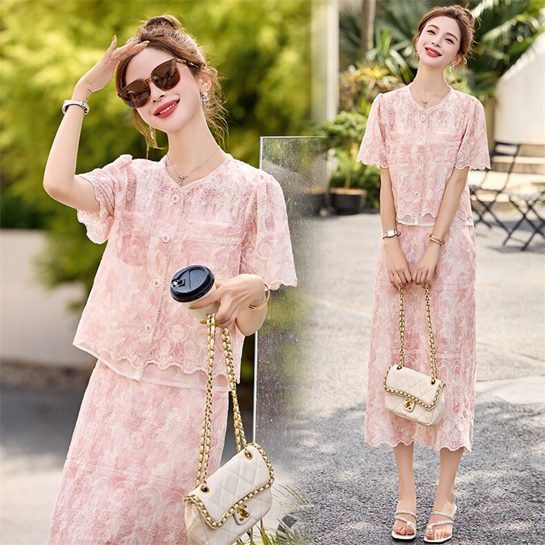 现货夏季新款水晶钉珠提花刺绣套装小香两件套显瘦裙子，女装套装/套裙，尚羽泽网红店