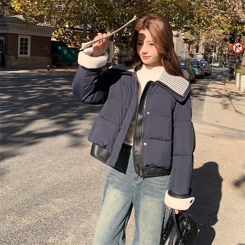 针织翻领蓝色短款泡芙羽绒服女冬季超火好看高级小众加厚保暖外套,女装羽绒服,2D034