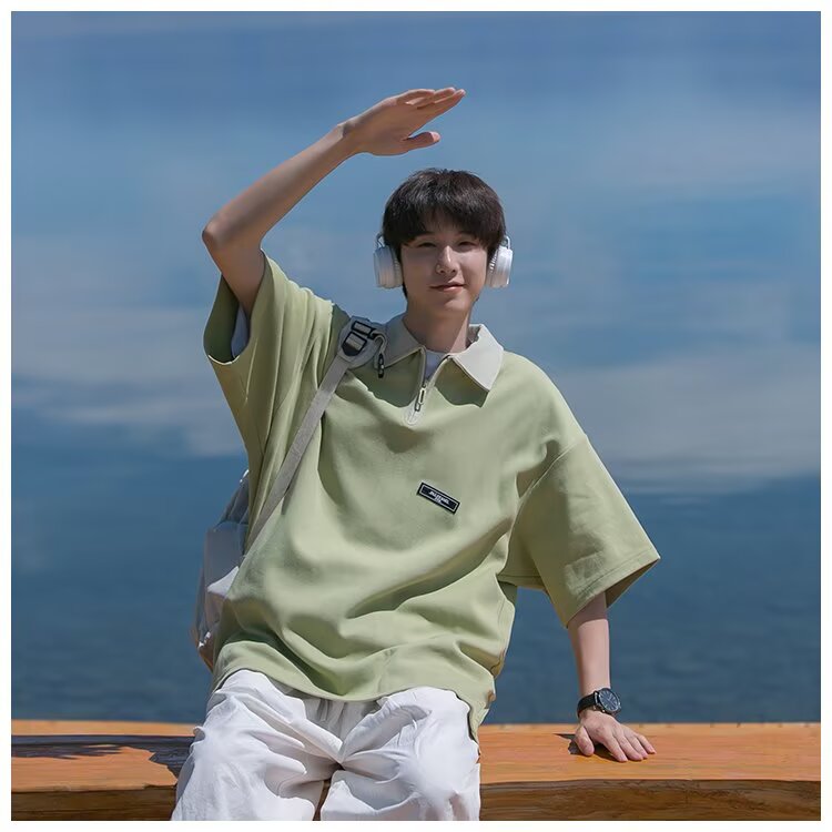 日系高级感polo衫男短袖夏季薄款ins潮牌复古重磅半袖t恤,男装T恤,星座506A
