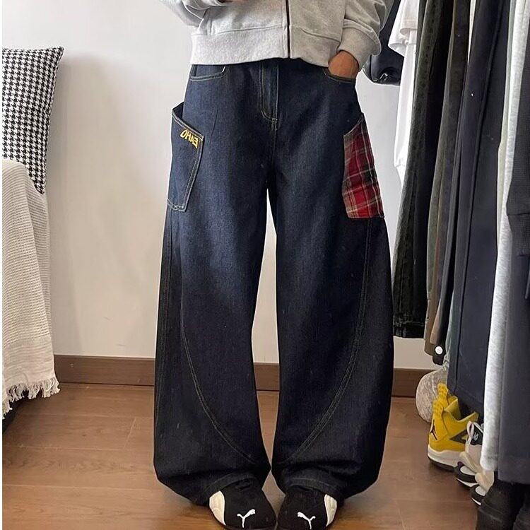 格子拼接弯刀牛仔裤男潮牌痞帅美式复古baggy裤子直筒宽松萝卜裤,男装牛仔裤,星座506A