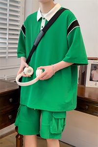 夏装潮简约清新半袖短袖套装男女撞色短袖短裤T恤 6629-P65控价88图片