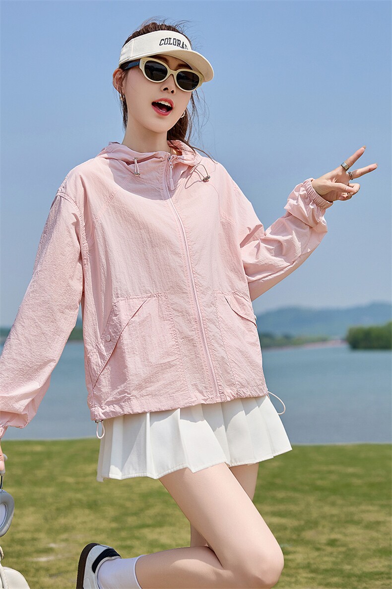 时尚防晒衣女夏季2025新款宽松休闲防晒服连帽户外透气开衫薄外套,女装防晒衣,以桐