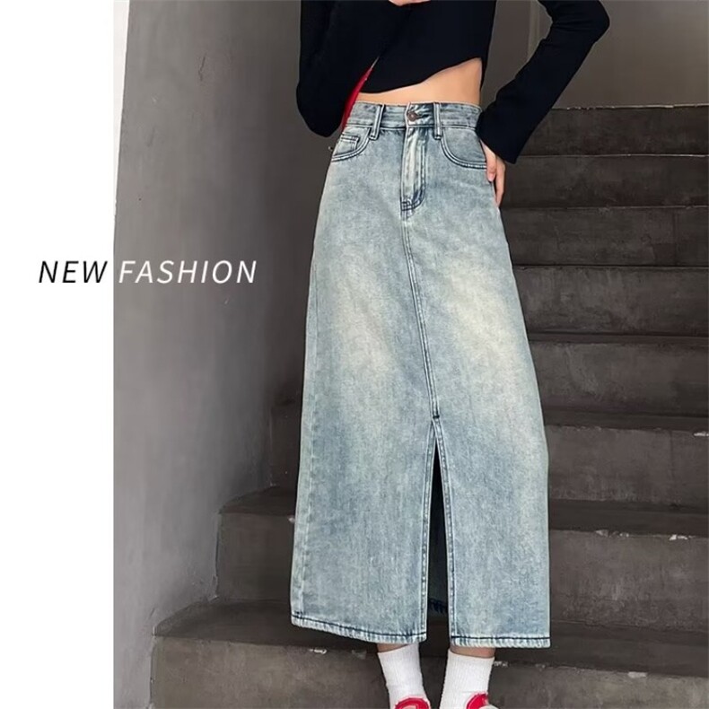 复古牛仔裙半身裙女中长款2025年新款夏季a字开叉高腰包臀裙春秋,女包手腕包,星座1210-1