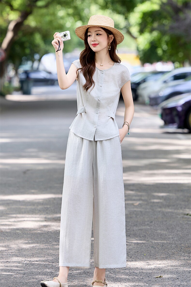 天丝醋酸套装女2025超火爆款夏季新款气质高级感阔腿裤两件套装,女装套装/套裙,姿衣坊