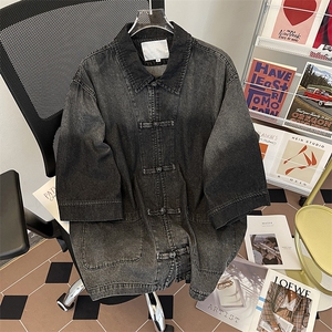 风夏男短袖牛仔衬衫扎染新中式盘扣中山装衬衣CS986 P65图片