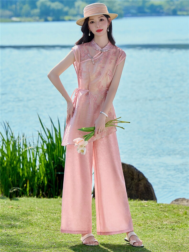 时尚洋气刺绣棉麻套装女2026夏季新款宽松遮肉衬衫领阔腿裤两件套,女装套装/套裙,众宇琦