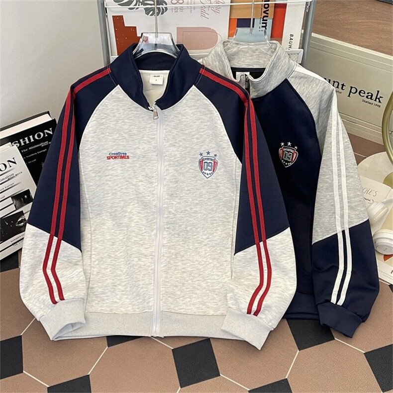 HY065-P56 2025春季新款撞色刺绣立领开衫卫衣男潮牌宽松休闲外套图片