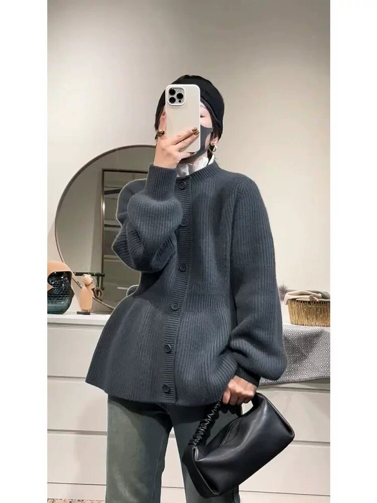 时尚百搭宽松羊毛衫秋冬必备简约半高领灯笼袖外套,女装羊毛衫,圣旺供货