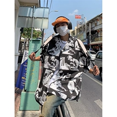 短袖花衬衫男士夏季薄款上衣中式花奔满印翻领寸衫印花CS2235，男装T恤，星座208-5