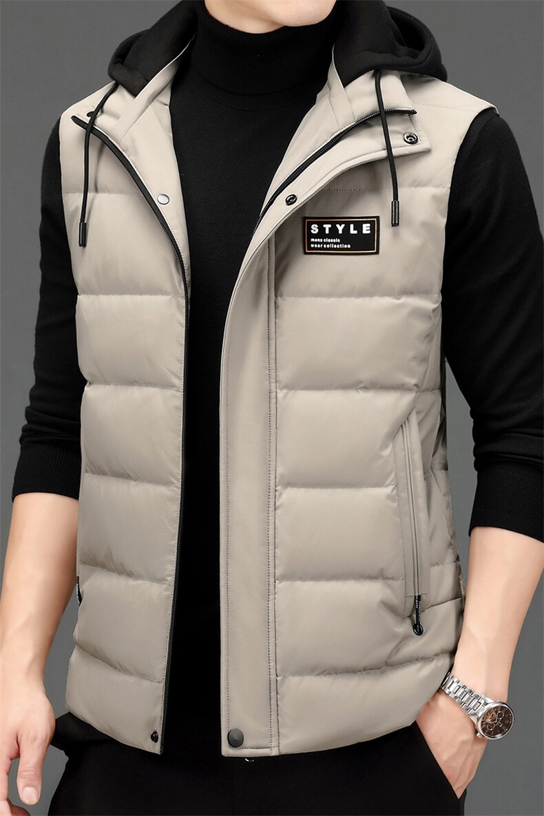 21冬季新款羽绒马甲男保暖外套90白鸭绒纯色休闲连帽AJY9655-P145，男装羽绒服，电商B212（原钱塘6029）