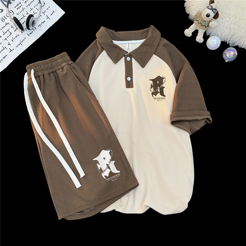 地毯夏季宽松华夫格拼色套装情侣短袖短裤TZ1187P65控88,男装休闲套装,电商A247