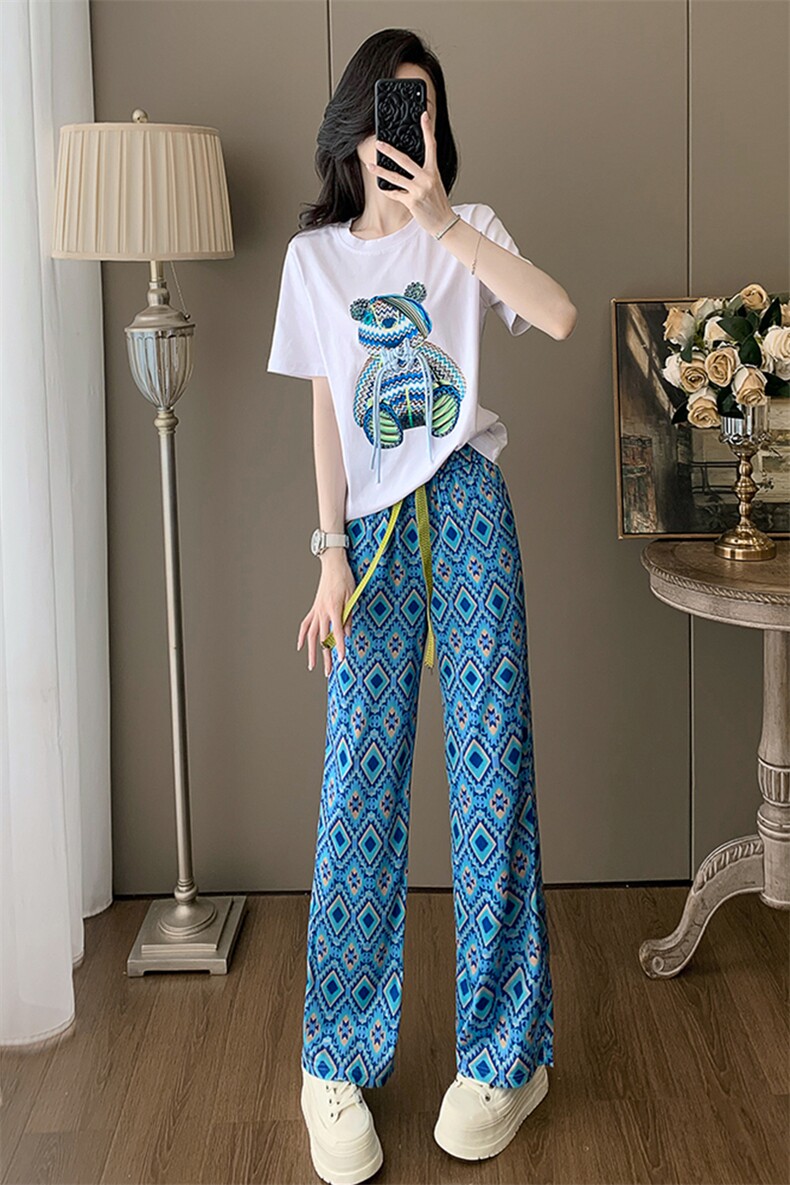 高端气质时尚运动套装女夏新款洋气圆领镶钻小熊短袖阔腿裤两件套,女装套装/套裙,江南