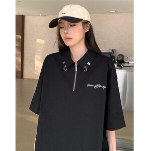 金属设计感短袖t恤女新款夏季美式宽松拉链polo衫上衣L50555-p36图片
