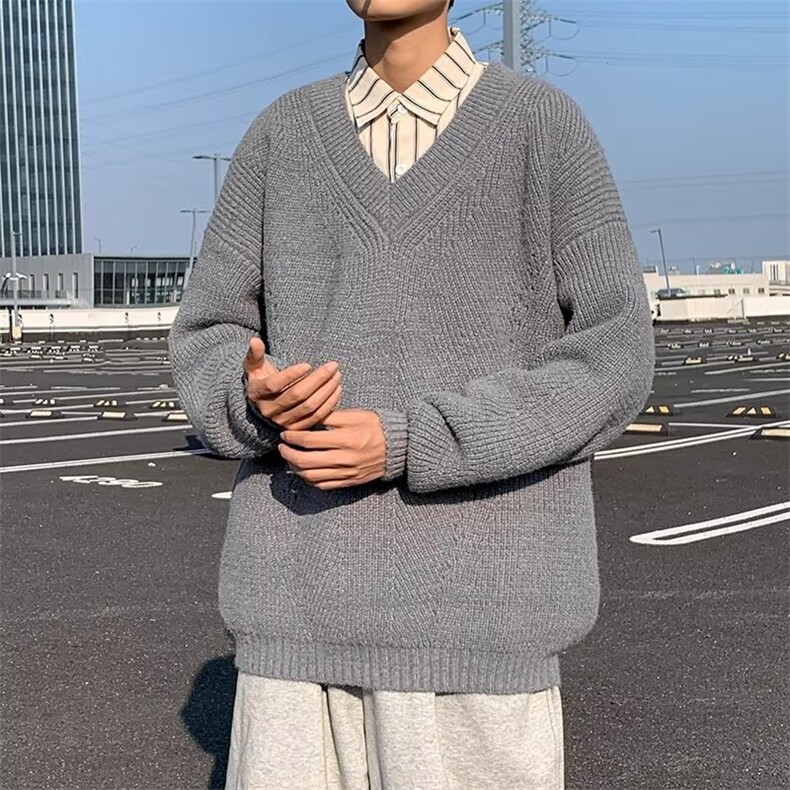 慵懒风V领套头针织衫男秋冬季复古纯色宽松休闲毛线衣M7358,男装针织衫/毛衣,星座1116A-1（原606A）