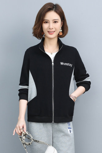 时尚休闲拼色外套女宽松显瘦百搭长袖上衣春秋新款韩版学生运动服套装,女装短外套,依恋蒂丝