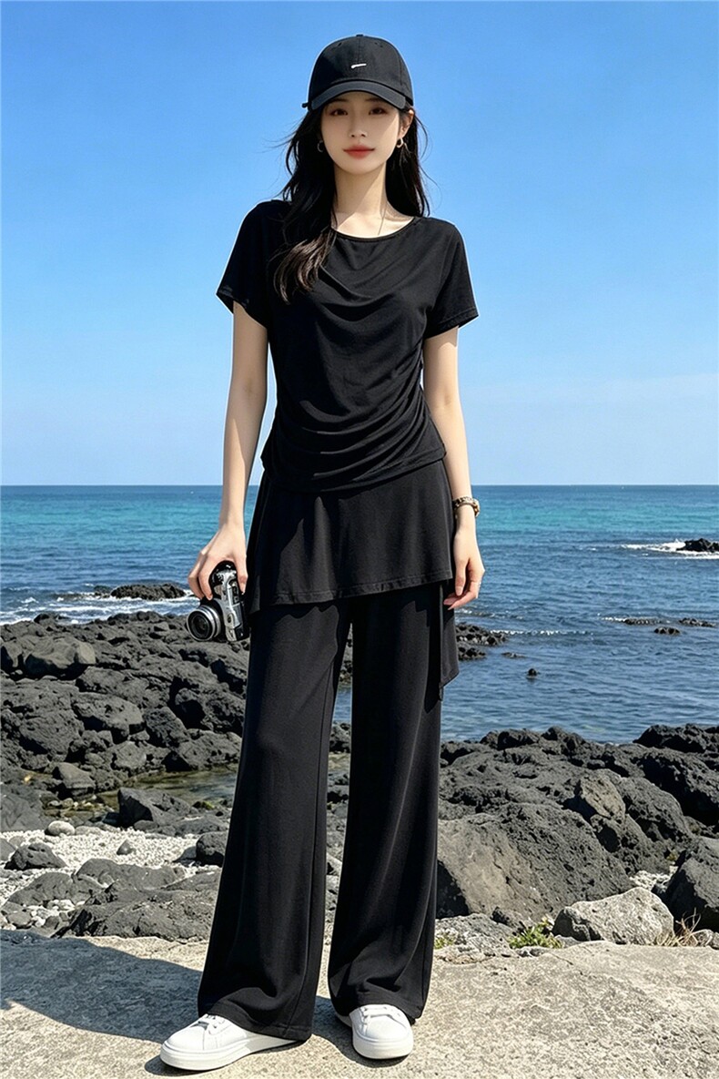 韩版时尚休闲套装女夏季新款斜肩收腰短袖上衣蕾丝屁帘长裤两件套,女装套装/套裙,江南