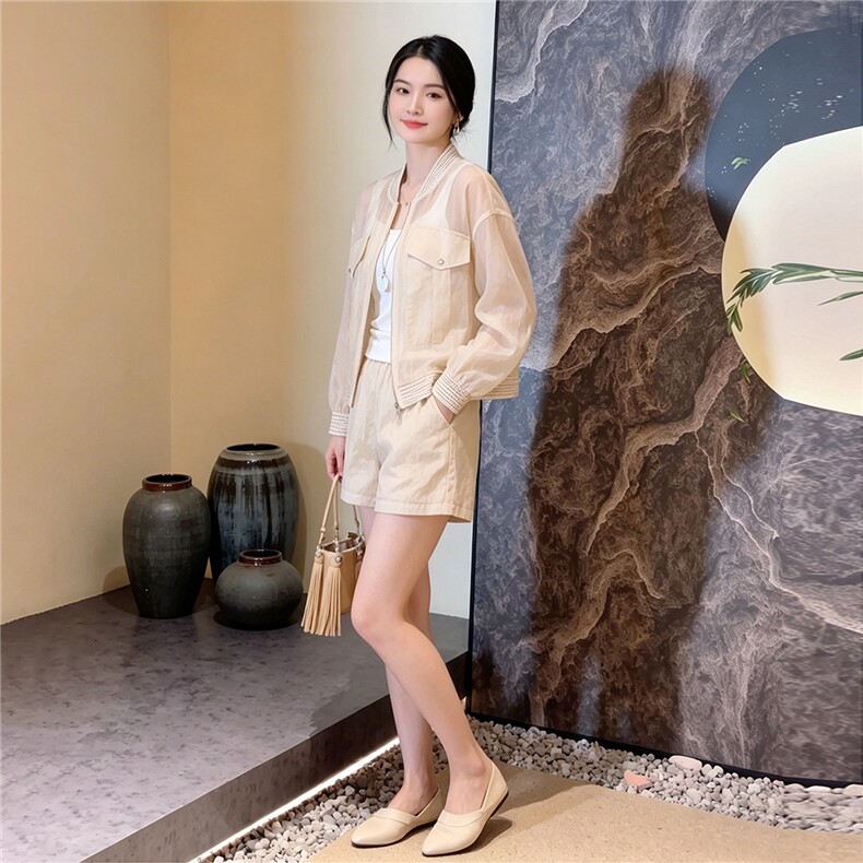 女夏新款赫本风轻熟时尚炸街套装洋气减龄长袖开衫外套短裤两件套,女装套装/套裙,江南